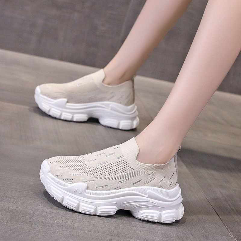 Crystal Mesh Fabric - รองเท้าผ้าใบผู้หญิงพื้นหนา สไตล์ลำลอง รุ่นใหม่ ฤดูใบไม้ผลิ/ฤดูใบไม้ร่วง 2025 เพิ่มความสูง