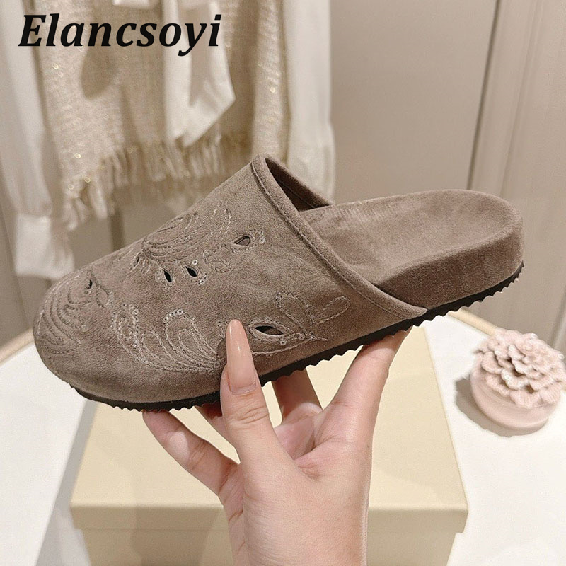 Embroidery Embellishments - รองเท้า Lazy Mules สำหรับผู้หญิง ปักลายเลื่อม หนังกลับ