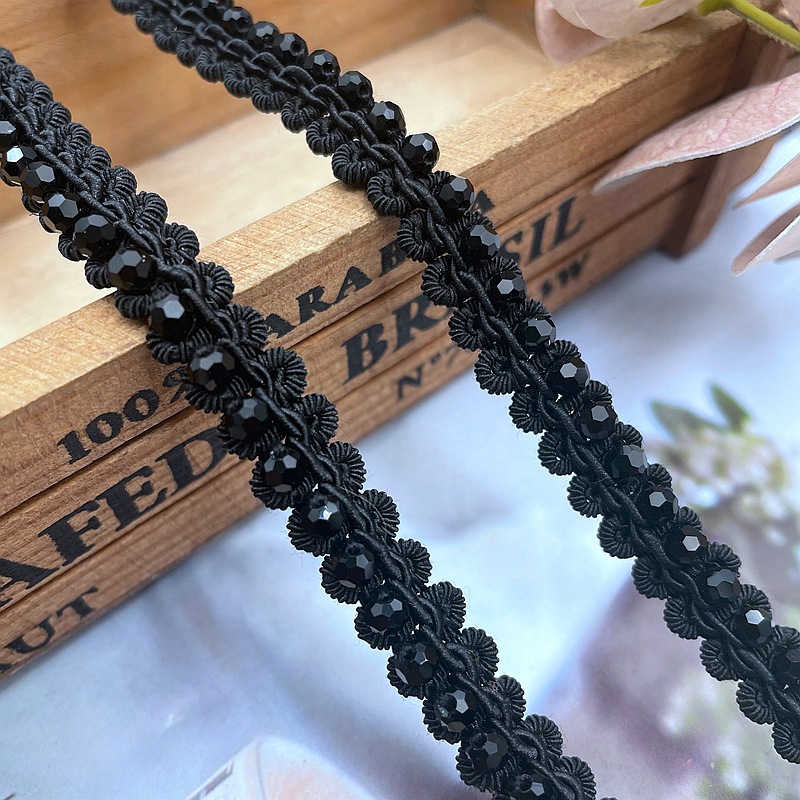 Lace Ribbon Trim - 90 ซม.ลูกปัดลูกไม้ Trim เทปถักคริสตัลริบบิ้น DIY เย็บคอเสื้อผ้าเข็มขัดชุดแต่งงานถักลูกไม้วัสดุสีดํา